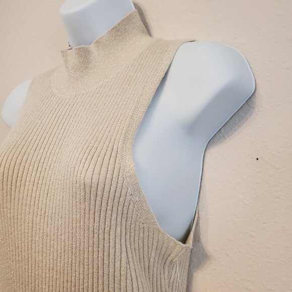 On 34TH Women's Sleeveless Mock Neck Bodysuit Lurex Gold Holiday Sweater Size L. - Picture 5 of 12